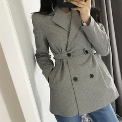 Novo outono inverno blazers jaquetas femininas cinza entalhado xadrez botão outerwear estilo inglaterra cardigan topos