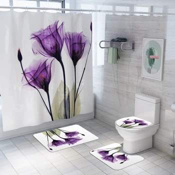 

4 Pcs Flower Shower Curtain Sets with Non-Slip Rugs,Toilet Lid Cover and Bath Mat, Waterpproof Floral Shower Curtain with Hooks