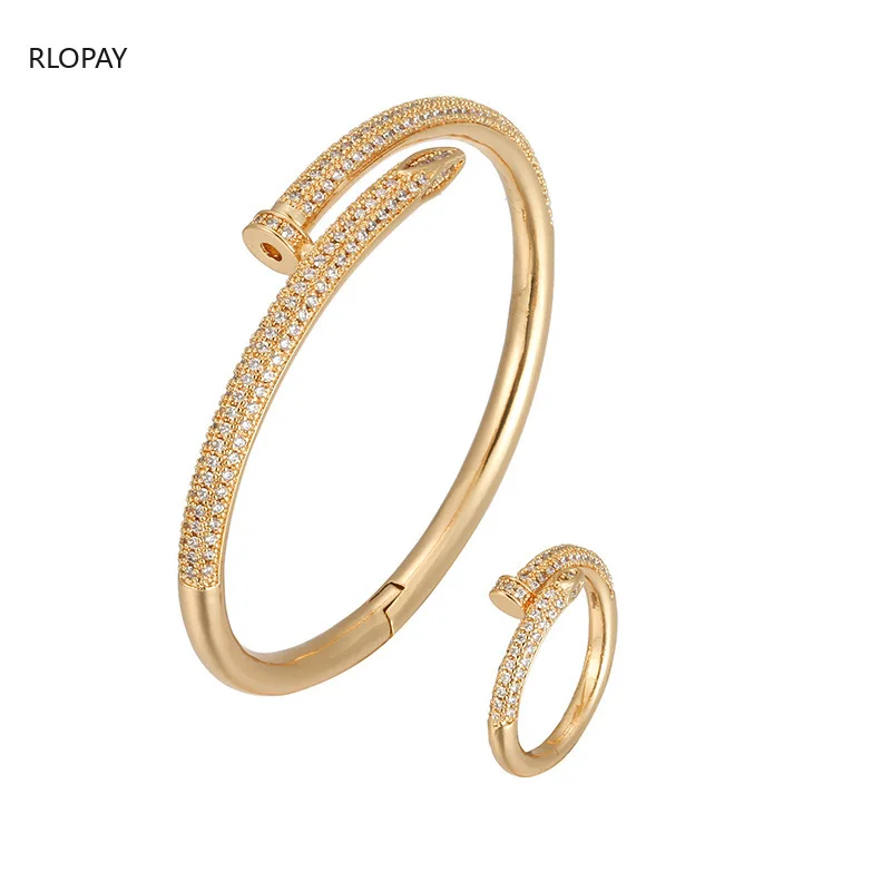 

New Trendy Nail Bracelet and Ring Set with Cubic Zirconia Tension Mount Fashion Cuff Bracelets Solid Gold Bracelet with Ring