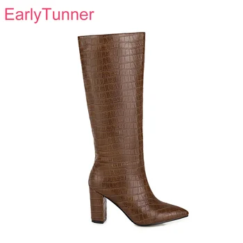 

2020 Winter Brand New Fashion Brown Black Women Mid Calf Boots High Sqaure Heels Lady Riding Shoes Big Size 10 43 45 48