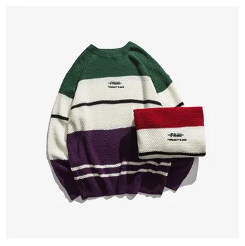 

New fashion simple contrast loose casual round neck long sleeve Pullover knitted thin men's sweater