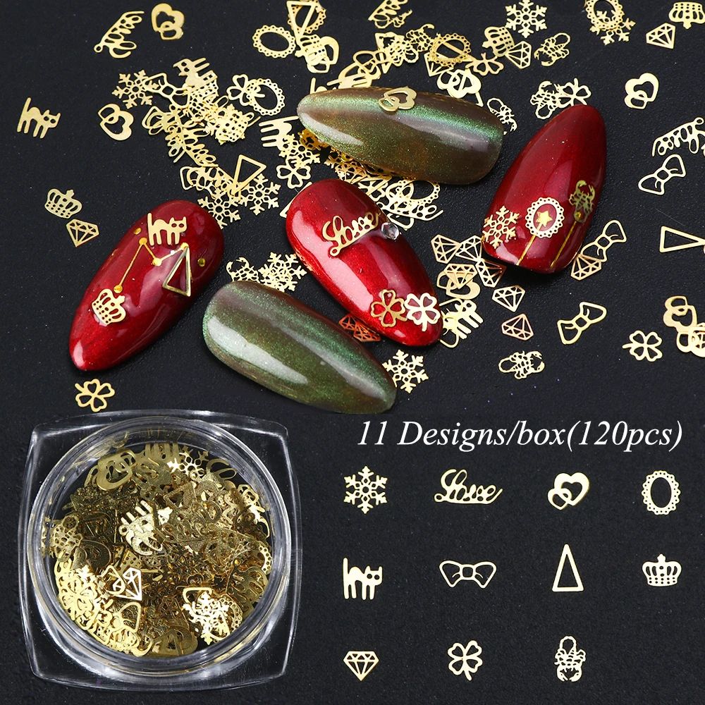 

120pc/Box Gold Nail Flakes 3D Decorations For Nails Mix Necklace Cat Heart Designs Sequins Christmas Manicure Accessories TR1510
