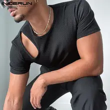 

INCERUN Tops 2021 American Style New Men's Camiseta Casual Streetwear All-match Simple Leaky Shoulder Long-sleeved T-shirt S-5XL
