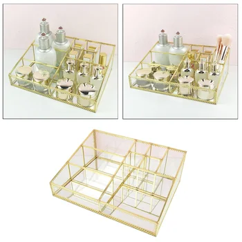 

Luxury Glass Box Clear Glass Gold Tone Metal Jewelry Storage Case Cosmetic Makeup Lipstick Holder Organizer 9 Compartments