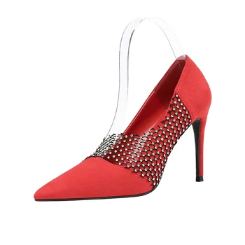 

Spring High Heels Rhinestone Mesh Pumps Women's Shoes Suede Pointed Fine with Work Dress-Style Black Blue Red szpilki damskie