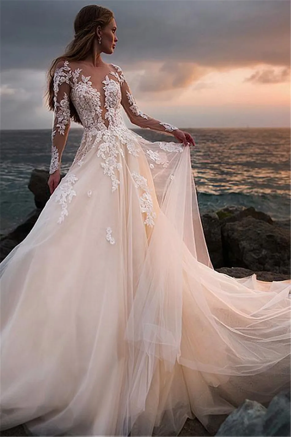 Vestido noiva кружевное пляжное свадебное платье с аппликацией Тюль с длинным рукавом свадебное элегантное платье для брачной церемонии а линия невесты свадебное платье