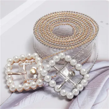 

Square Pearl Buckle Pin Transparent PVC Belts For Women Bling Rhinestone PVC Jean Waist Belts Fashion Girls Shirt Dress Belts