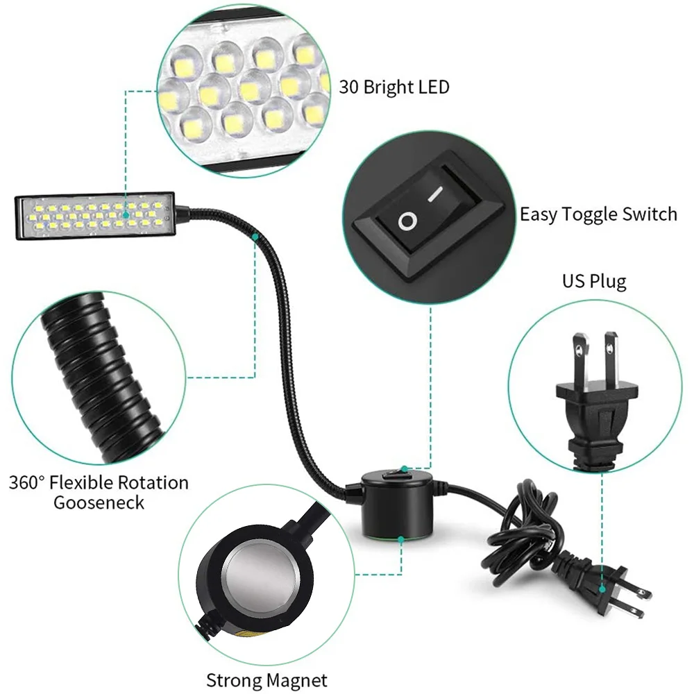 30/15leds Industrial Lighting Sewing Machine Lights 110-265V US/EU Plug Magnetic Base Sewing Lamp for Drill Press Lathe Working