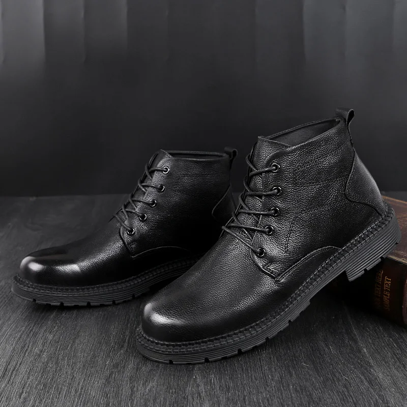 

Brand genuine Leather Ankle Boots Winter Men's Fashion Motorcycle Boots Outdoor plush warm Snow Boots Men Shoes big size 48 o4