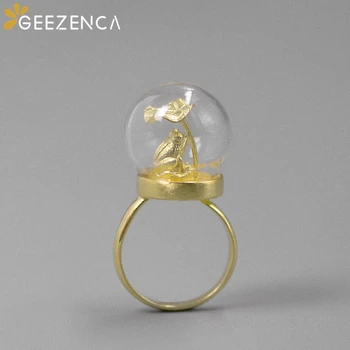 

Original Design 925 Sterling Silver Glass Ball Frog Lotus Leaf Open Rings Fine Jewelry For Women