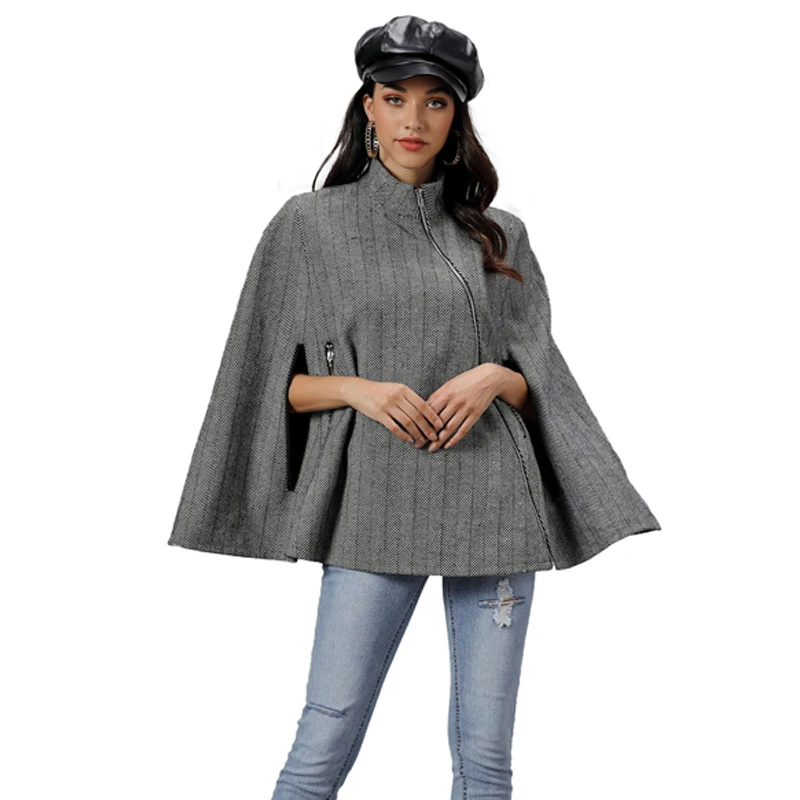 

Womens Striped Zipper Front Elegant Wool Blend Classy Poncho Cloak Cape Coat