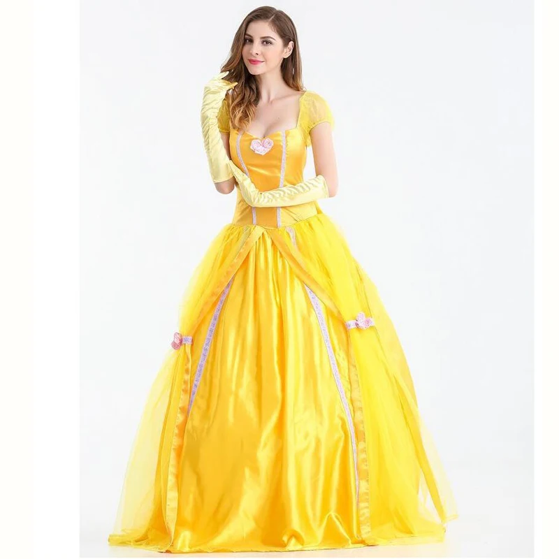 Halloween Beauty and the Beast Cosplay Costumes Adult Belle Princess Dresses For Women Anime Party Flower Yellow Long Dress |
