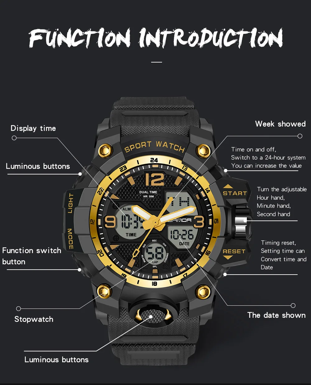 SANDA New Fashion Sport Military Men's Wrist Watch Digital Quartz Dual Display Watches Waterproof Casual Watch for Male 6030