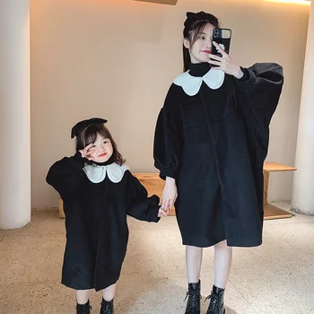 

Parent Child Dress Korean Loose Detachable Large Lapel Lantern Sleeve Medium Length Black Coat Mother Girl 2020