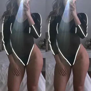 

Sexy Women Bodycon Fluorescent Strip Elastic Mesh Long Sleeves Bodysuit Leotard Jumpsuit Clubwear Jumpsuit
