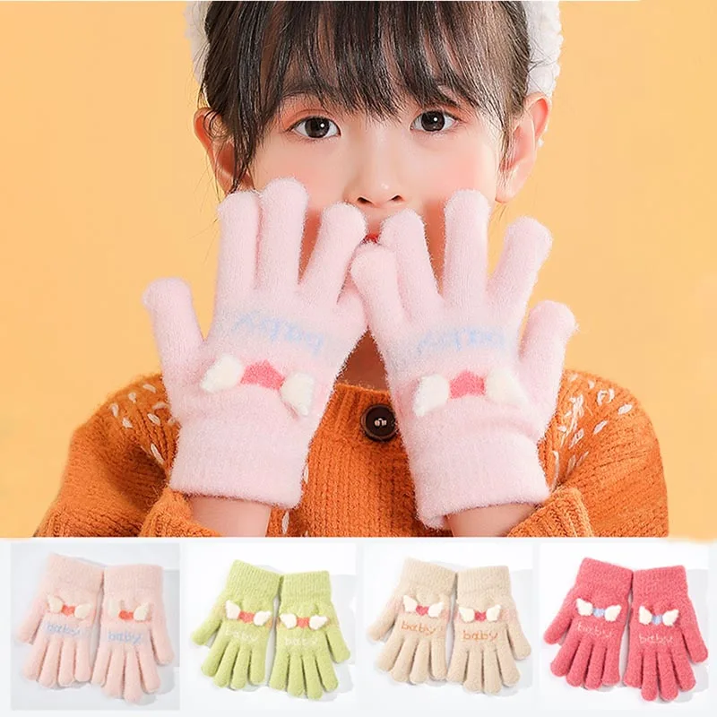 Winter Children Gloves 5-12 Years Girls Knitted Soft Warm Cute Heart Wing Kids Gloves Outdoor Full Finger Girls Mittens soft plush winter warm baby gloves cute bowknot thicken newborn mittens windproof fleece lining baby outdoor hand warmer gloves