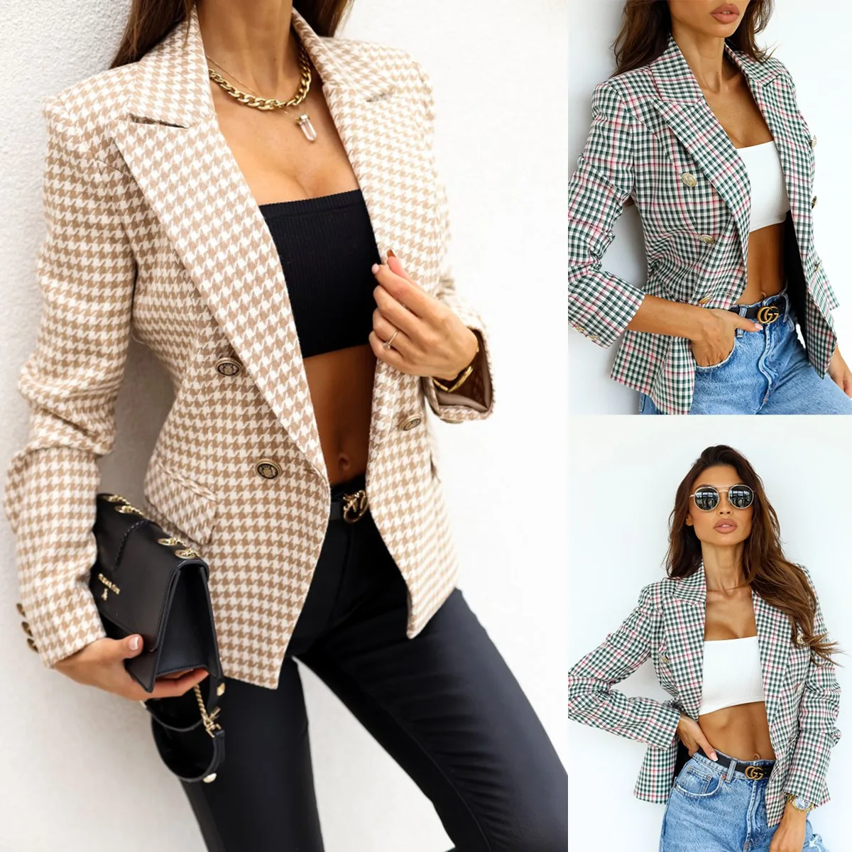 

Fashion Autumn Women Plaid Blazers and Jackets Work Office Lady Suit Slim Double Breasted Business Female Blazer Coat Talever