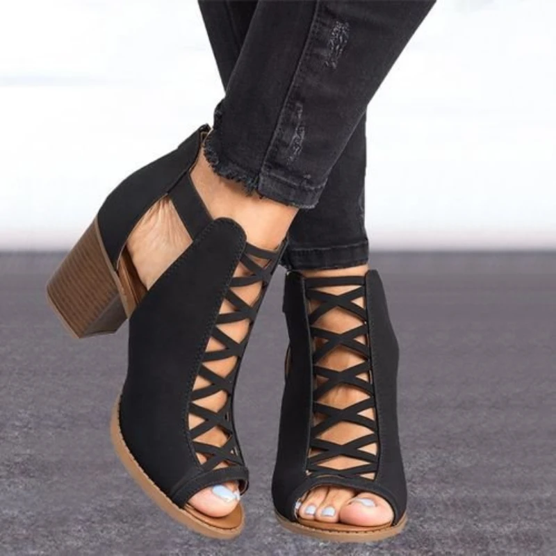 Sandalias de tacón cuadrado con punta abierta mujer, zapatos de gladiador gruesos con correa, color negro, para primavera y verano, 669|Zapatos de tacón de mujer| AliExpress