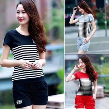

Summer Womens Casual Two PCS Outfits Striped Short Sleeve T Shirt Top Shorts Matching Set with Drawstring Waist Tracksuit Female