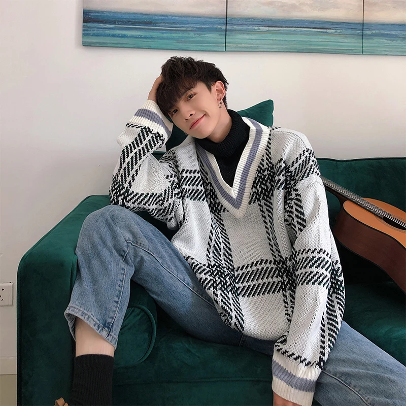 Winter High Collar Sweater Men Warm Fashion Retro Casual Plaid Knit Sweater Man Sweter Loose Clothes Fake Two-piece Pullover Men