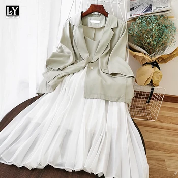 

LY VAREY LIN 2020 New Autumn Women Elegant Two Piece Sets Spaghetti Strap Patchwork Pleated Dresses Office Lady Suit Jackets