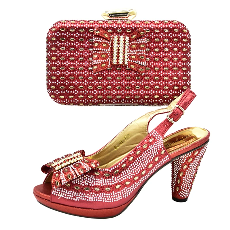 

2019 Newest fashion 4 inches high heel sandal shoes with matching clutches bag in red color with size 38 to 42 SB8437-2