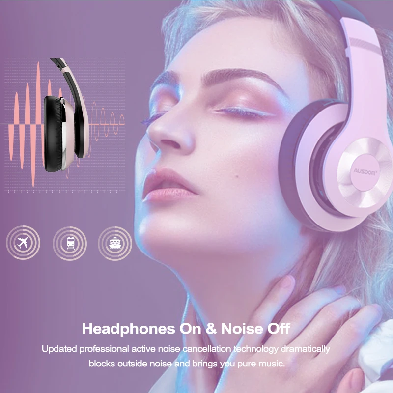  AUSDOM ANC10 New Active Noise Cancelling Wireless Headphone Over Ear Deep Bass Foldable with Mic Bl
