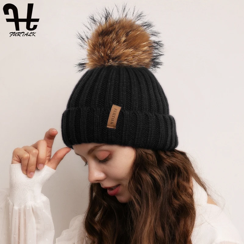 Furtalk Трикотажные Настоящее Меховая Шапка 100% Реальная Мех Енота Пом Hat Зима