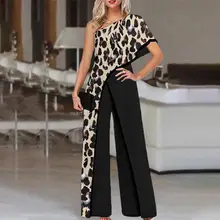 

VONDA Women Long Jumpsuits Vintage Leopard Print Playsuits Wide Leg Trousers Palazzo Pantalon Short Sleeve One Shoulder Overalls