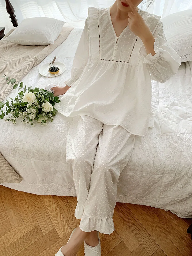 Милые мягкие белые хлопковые женские пижамные комплекты женские свободные с v-образным вырезом милые пижамы в горошек Весна Осень Повседневная Ночная сорочка s-xl