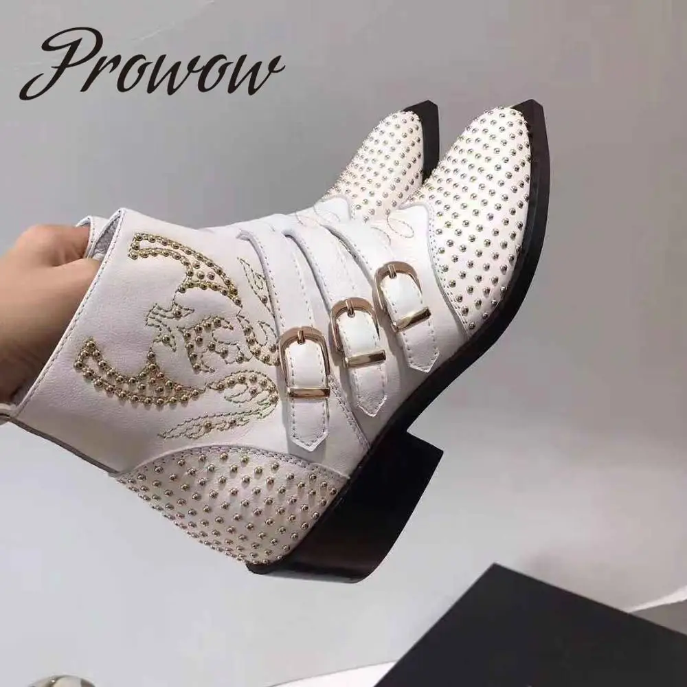 

Prowow New Genuine Leather Metal Studded Ankle Boots Sexy Pointed Toe Zip Side Punk Boots Autumn Winter Boots Shoes Women