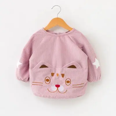 Boy Girl Cartoon Feeding Bibs Baby Extra Soft Natural Cotton Bibs Children Warming Corduroy Drawing Anti-dirty Long Sleeve Apron - Цвет: Light Pink