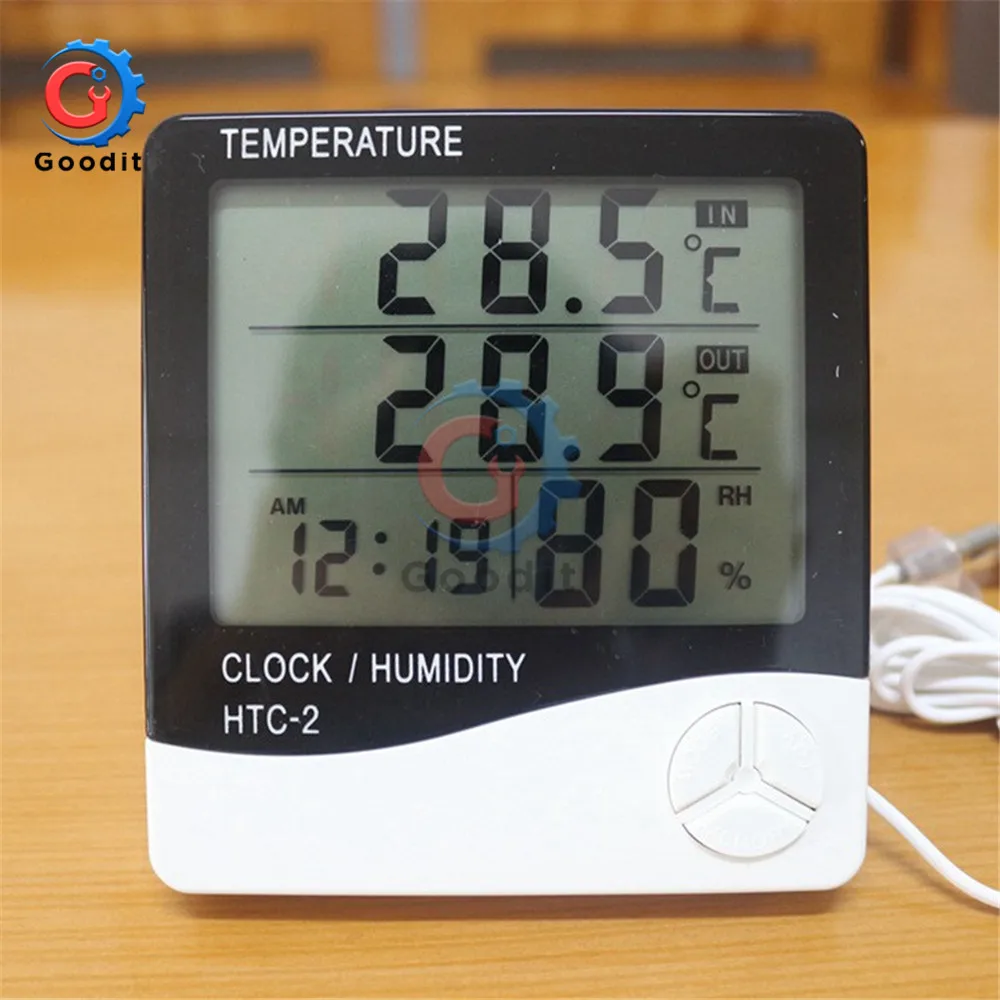 Цифровой термометр гигрометр электронный ЖК-измеритель температуры и влажности Метеостанция внутренние наружные часы HTC-2