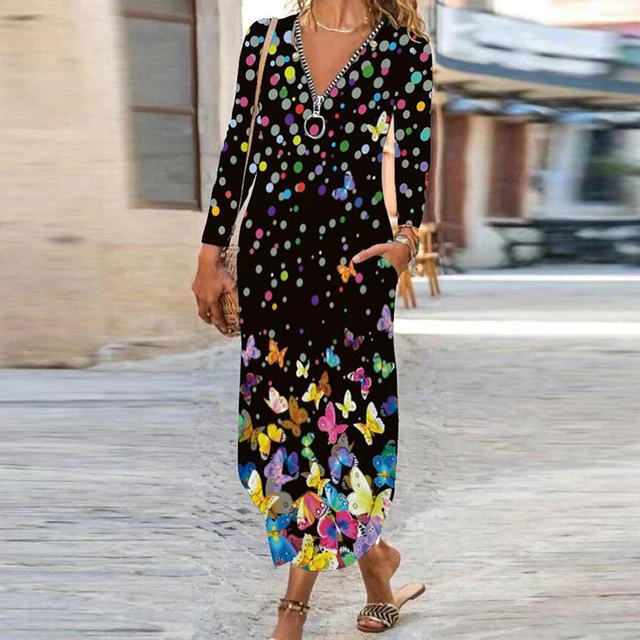 Vintage Flower Dress Women O Neck Pocket Casual Dresses For Women Loose Long Dress Plus Size Ladies Vacation Party Dress 17