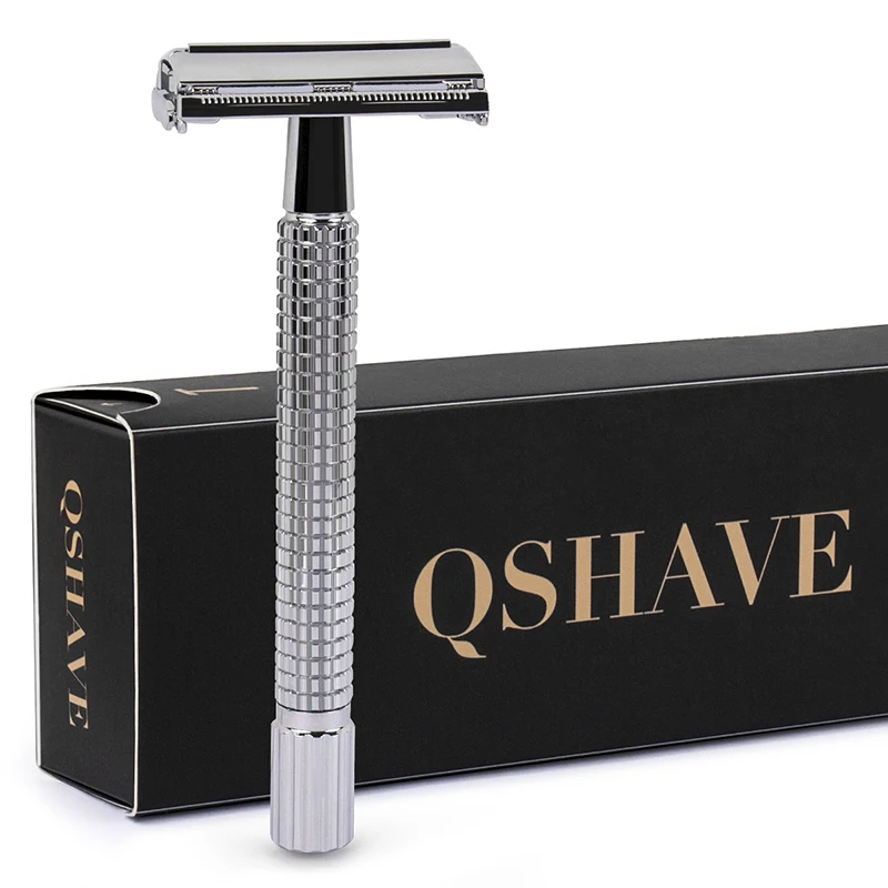 Qshave Double Edge Безопасная бритва с длинной ручкой бабочка открытая Классическая Безопасная бритва серебристого цвета, 1 ручка и 5 лезвий