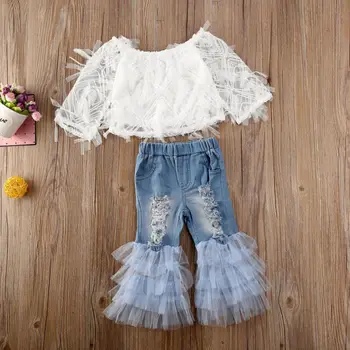 

CANIS Infant Baby Girl Kid Sunsuit Fashion Off Shoulder Tassel Gauze Top Lace Patchwork Denim Pants Party Clothes