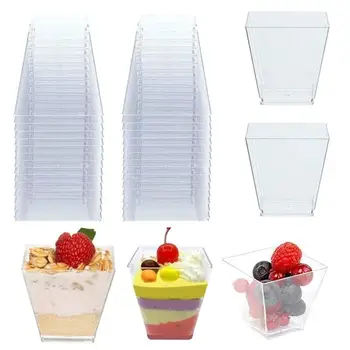

50pcs Disposable Plastic Cups Transparent Trapezoidal Food Container for Dessert Baking Jelly Yogurt Mousses