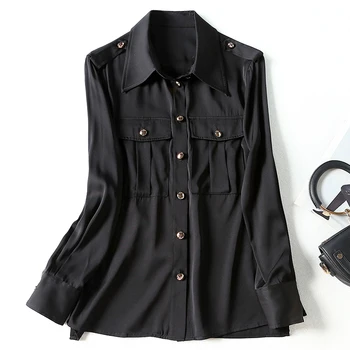 

Real Silk Women Casual Shirt Elegant Fashion Turn-down Collar Long Sleeve Solid Spring Autumn Natural Silk Satin Lady Blouse