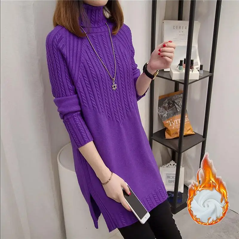 Женский свитер с высоким воротом, Осень-зима, вельветовый вязаный свитер с длинным рукавом, женские повседневные толстые теплые пуловеры, новые Джемперы H80 - Цвет: purple plus velvet