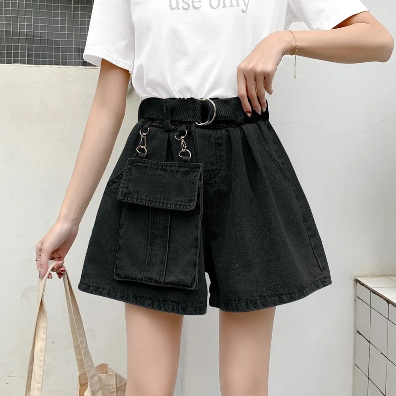 Women Big Pocket Loose Oversized Jeans Shorts Fashion High Waist Denim Shorts Female Summer Wide Leg Short Jeans Elastic Waist