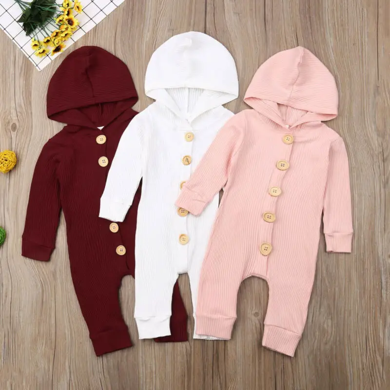 

Newborn Baby Girl Boy Knitted Cotton Hooded Romper Casual Long Sleeves Buttons Jumpsuit Baby Autumn Clothes Solid 0-18M