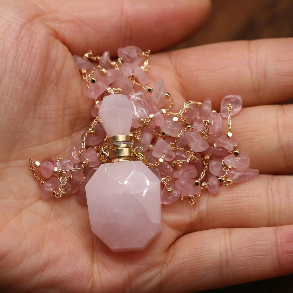 Natural Stone Perfume Bottle Necklace Pink Quartz Pendant Charms 60 CM Sadoun.com
