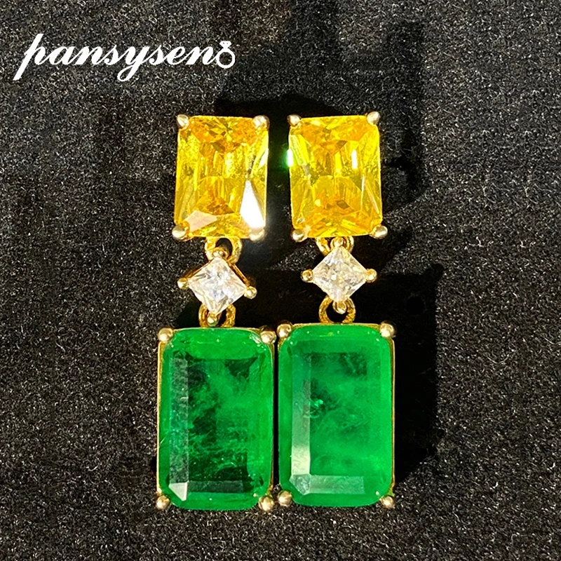 

PANSYSEN Luxury Rectangle Citrine Emerald Gemstone Drop Earrings Solid 925 Sterling Silver Earrings for Women Fine Jewelry Gifts