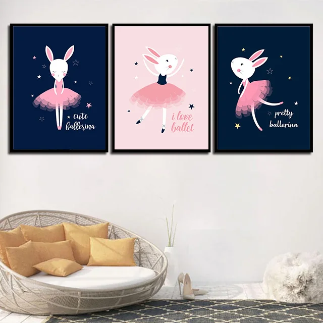 Nordic Lovely Cartoon Home Decor Poster Painting Canvas Cute Rabbit Ballet Dance Picture Art Print Kids Wall | Дом и сад