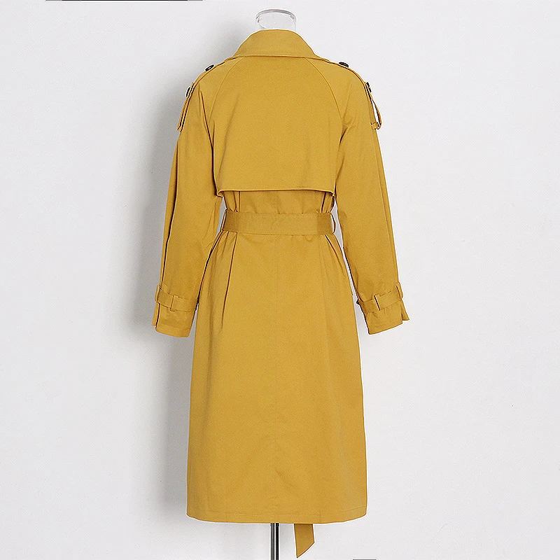 ECRURANI Yellow Casual Windbreaker For Women Lapel Long Sleeve Sashes Double Breasted Trench Females Fashion Clothing 2021 Style