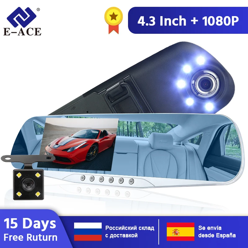 

E-ACE 4.3Inch Car Camera Dvr NightVision Led Lights DashCam Blue Rearview Mirror Automotive Dvr Two Camera Registrator Camcorder