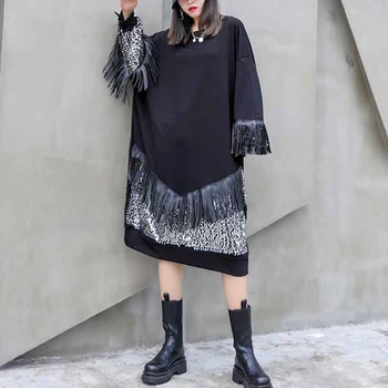 

SeeBeautiful Large Size Dress O Neck Long Sleeve Sequins Tassel Patchwork Simple New Fashion 2020 Autumn Winter Women T833