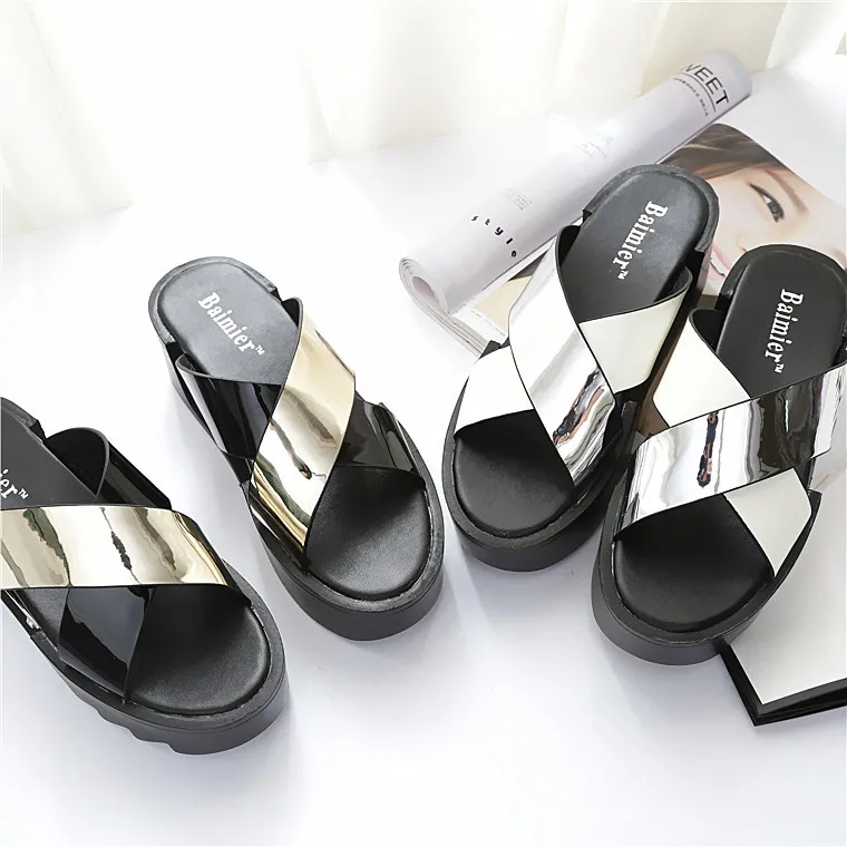 

Summer New Style Large Cross Patent Leather Mixed Colors Sandals Muffin Thick Bottomed Peep-Toe Sandals High-heeled Shoes