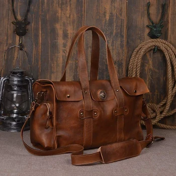 

ROCKCOW Vegetable Tanned Leather Travel Bag Handmade Mens Tote Bag Women Handbag Weekender Bags 9035