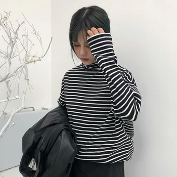 

Bottoming shirt women's spring and autumn 2020 new black and white stripe high collar long sleeve T-shirt Korean loose thin top